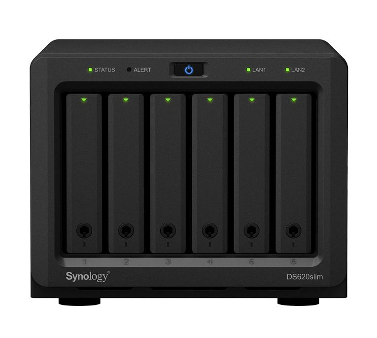 Synology DiskStation DS620 slim 6 Bay NAS Intel Celeron J3355 2-core 2.0 2GB DDR3L non-ECC SODIMM Hot Swappable 2xRJ-45 1GbE LAN 2xUSB 3.0 2 yrs wty