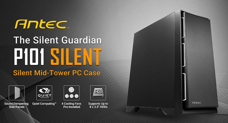 Antec P101 Silent ATX, E-ATX Case, 1x 5.25'Ext, 8x 3.5' HDD, 2x 2.5' SSD, VGA up to 450mm, CPU Height 180mm. PSU 290mm. Two Years Warranty