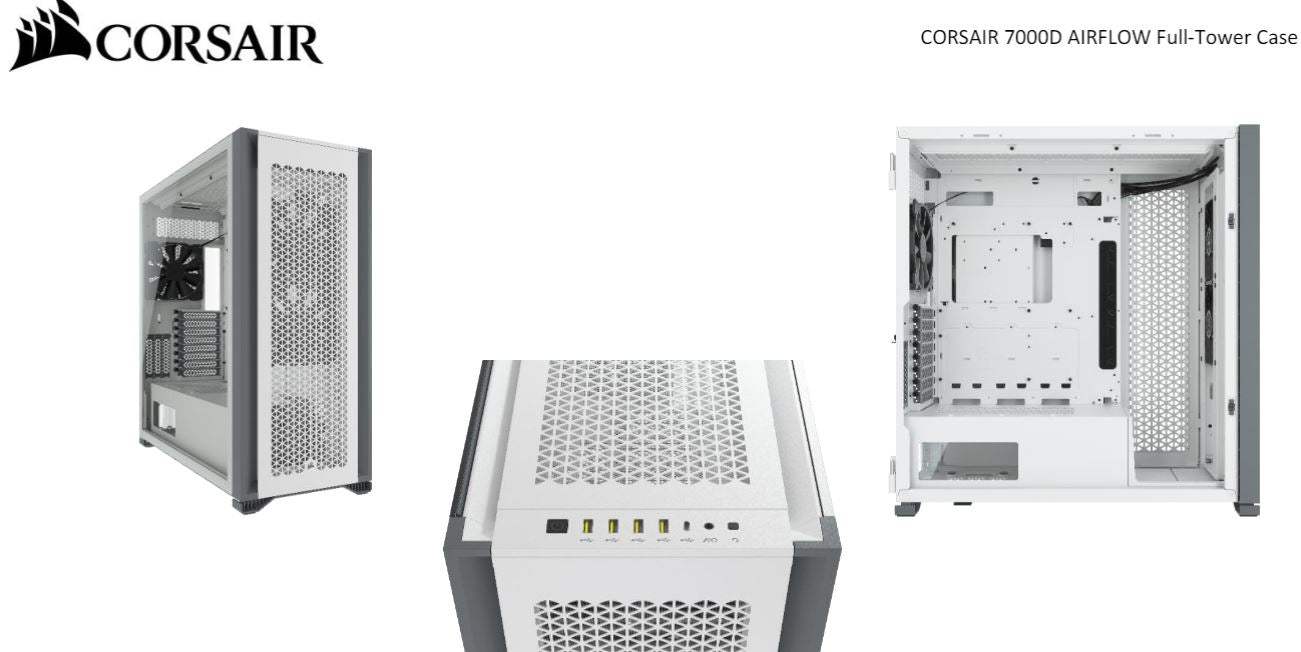 Corsair Obsidian 7000D AF Tempered Glass Mini-ITX, M-ATX, ATX, E-ATX Tower Case, USB 3.1 Type C, 10x 2.5', 6x 3.5' HDD. 3x 140mm Fan included. White