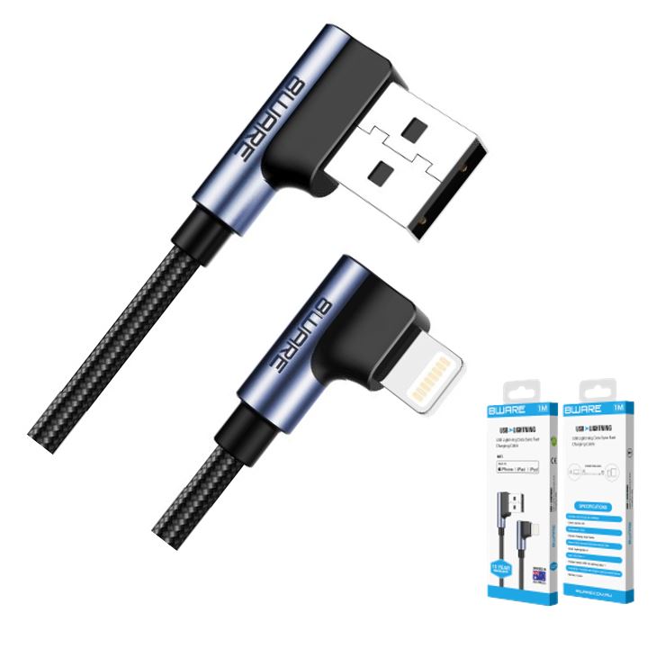 8Ware Premium 1m Apple Certified 90 Degree Angle USB A to Lightning Data Sync Fast Charging Cable for iPhone 12 X XS XR Max 8 iPad Air Retail ~CB8W-I