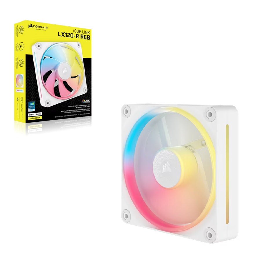 Corsair iCUE LINK LX120‑R RGB 120 mm PWM Reverse Fan Expansion Single Pack – White: 66.7 CFM, 2400 RPM, 37.7 dBA, 0.4 A,Static Pressure, Magnetic Dome