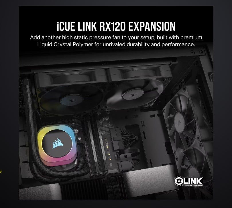Corsair RX120 iCUE LINK 120mm PWM Single Fan Expansion. Black Fan - Glass fiber-reinforced LCP fan blades