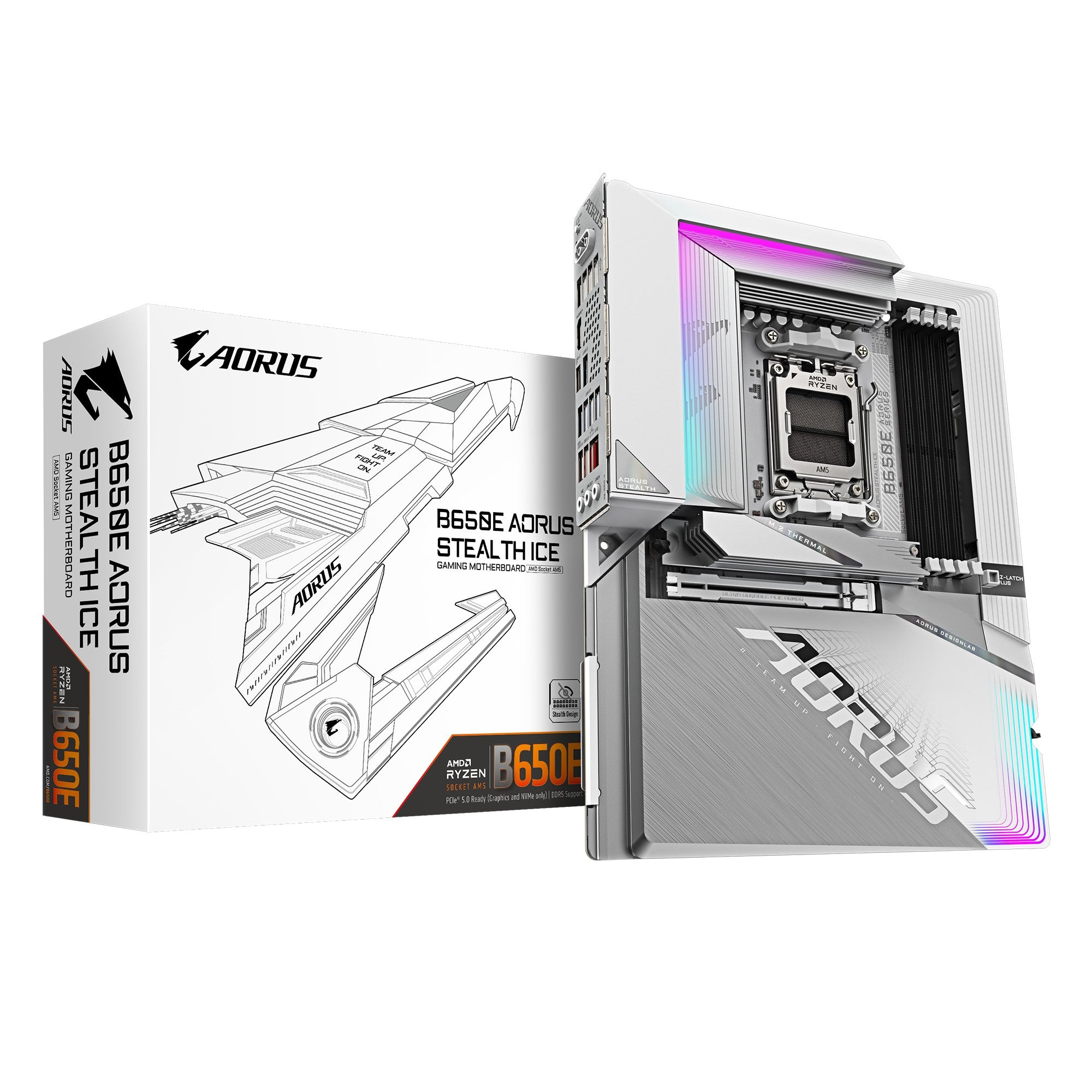 Gigabyte B650E AORUS STEALTH ICE AMD AM5 ATX Motherboard 4x DDR5~256GB,1x PCIe x16, 3x M.2, 4x SATA 6, 8x USB 3.2, 1x USB-C, 4x USB 2.0
