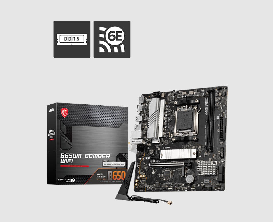 MSI B650M BOMBER WIFI AMD AM5 MATX Motherboard, 2x DDR5 ~128GB, 1x PCI-E x16, 2x M.2, 4x SATA, 6x USB 2.0