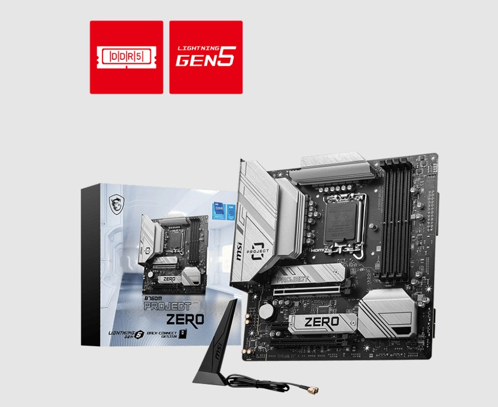 MSI B760M PROJECT ZERO Motherboard, INTEL B760, 4x DDR5 256GB, 1x HDMI, 2x PCI-E x16 slot, 2x M.2, 8x USB 2.0, Wi-Fi 6E
