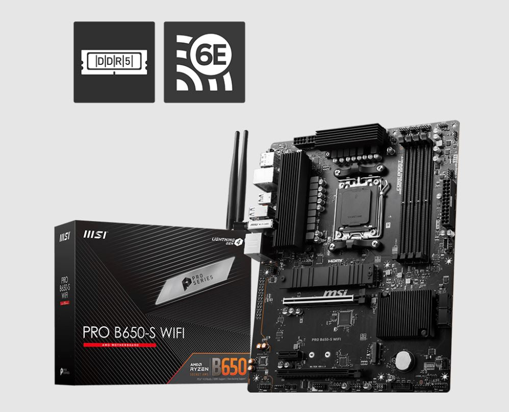 MSI PRO B650-S WIFI AMD AM5 ATX Motherboard, 4x DDR5 ~192GB, 2x PCI-E x16, 2x M.2, 4x SATA, 11x USB 3.2, 4x USB 2.0