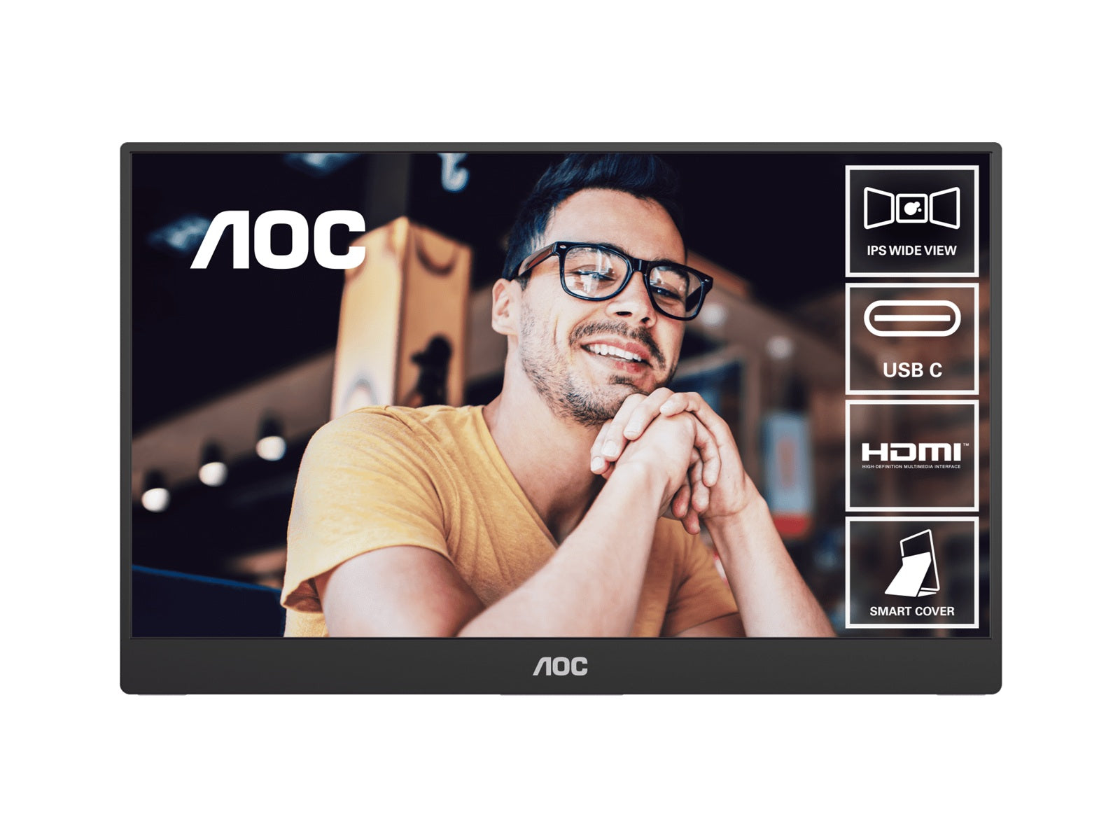 AOC 15.6inch FHD IPS 1920x1080 16:9, 800:1 Contrast 230 Nits 2x USB-C 1x Mini HDMI 2.0 1Wx2 Speakers Foldable Smart Cover VESA Mount Portable Monitor