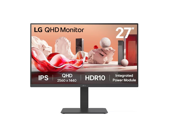 LG 27' QHD IPS Monitor, 2560x1440, HDR10, 99% sRGB, 75 Hz, integrated power, adjustable stand (tilt/height/swivel/pivot), Flicker Safe & Reader Mode