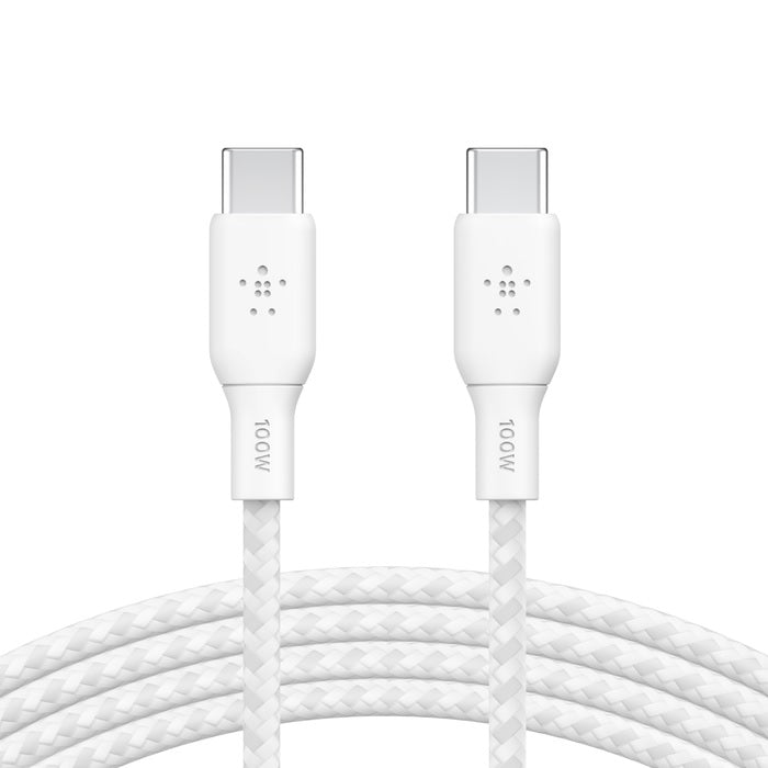 Belkin BoostCharge Braided USB-C to USB-C Cable (2M) - White (CAB014bt2MWH), 100W, 480Mbps, 30K+ Bend, Samsung Galaxy, iPad, Google, 2 Years Warranty