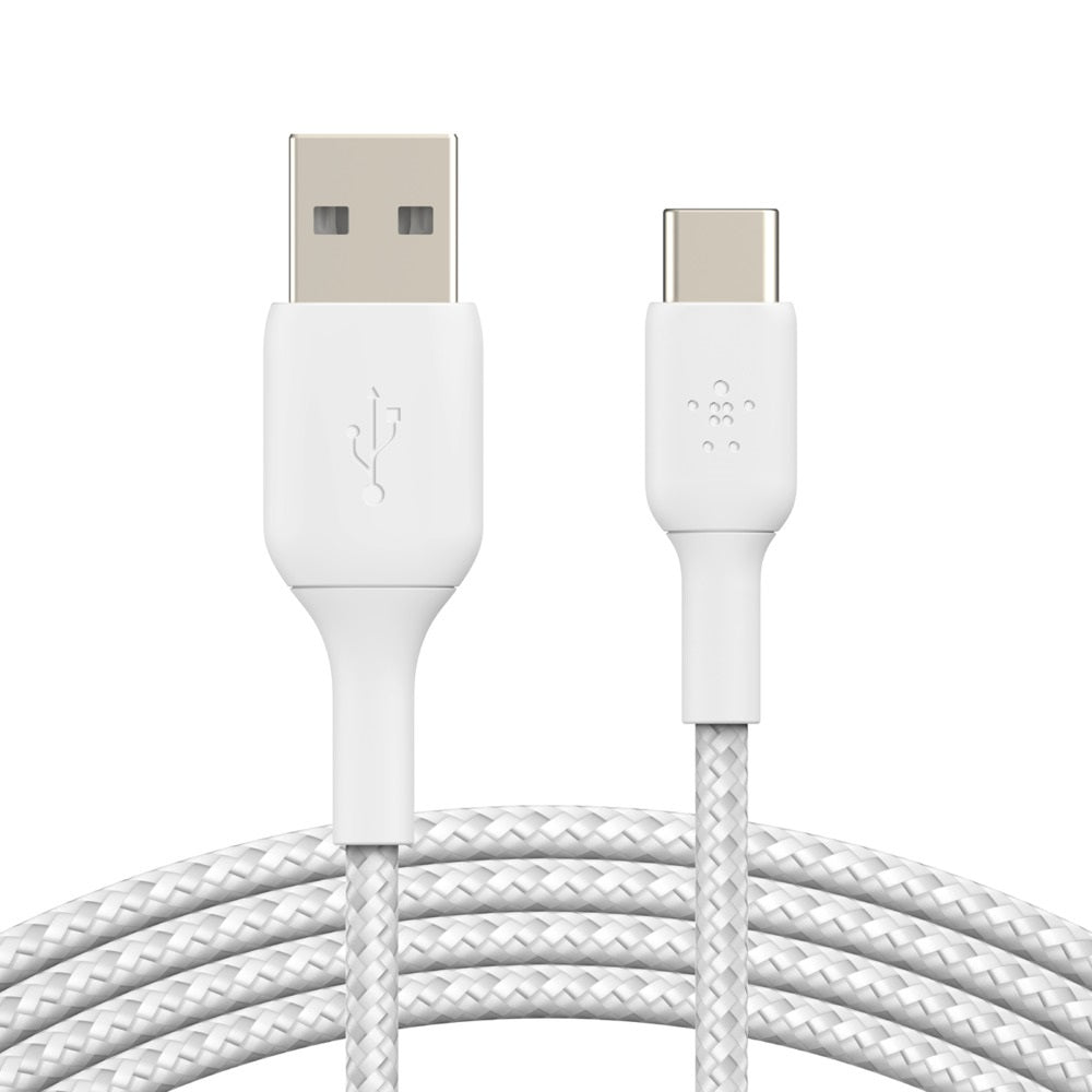 Belkin BoostCharge Braided USB-C to USB-A Cable (2M) - White (CAB002BT2MWH), 15W, 480Mbps, 30K+ bend, Samsung Galaxy, iPad, MacBook, 2 Years Warranty