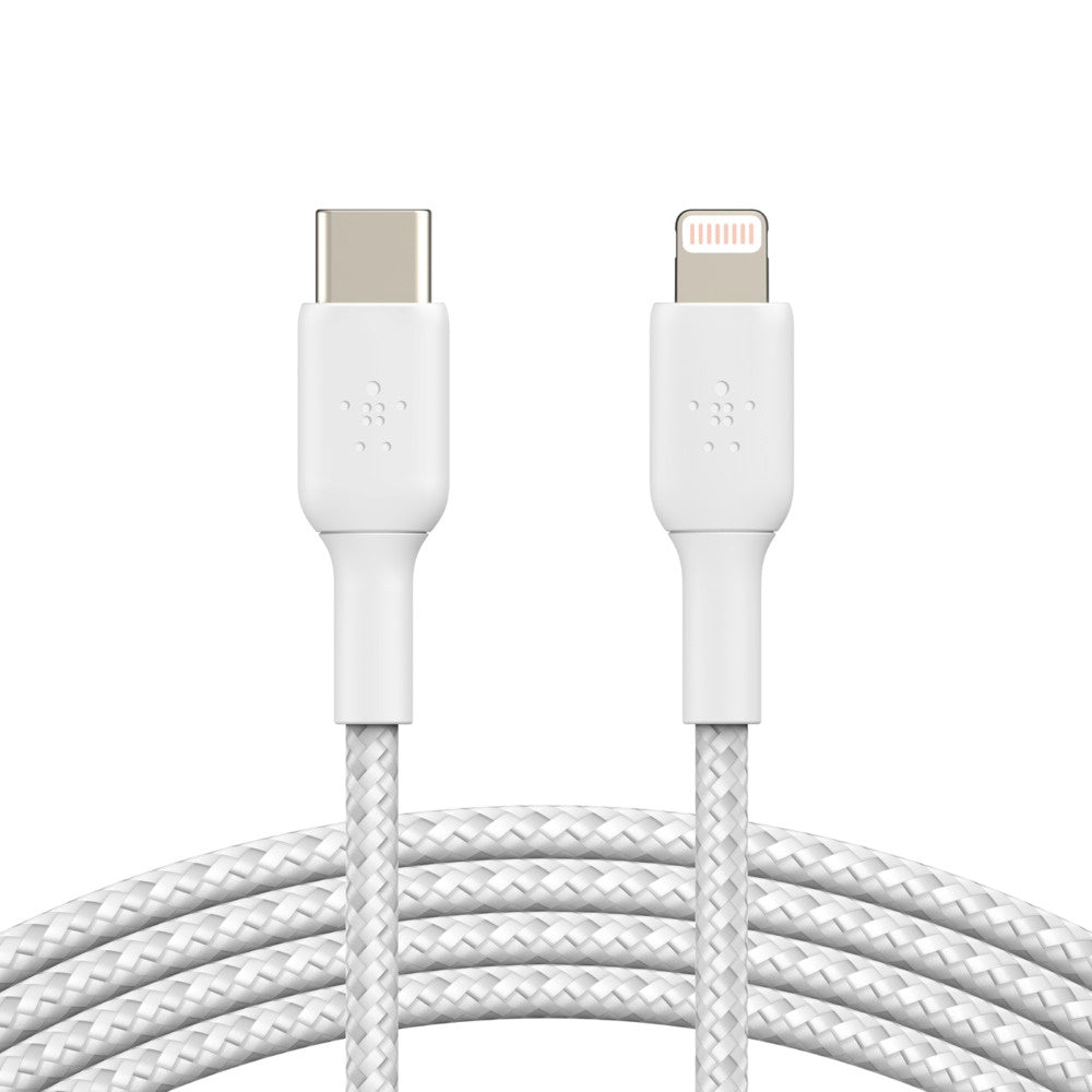 Belkin BoostCharge Braided Lightning to USB-C Cable (1M) - White (CAA004bt1MWH), 480Mbps, 30K+ bend, Apple iPhone/iPad/Macbook, 2 Years Warranty