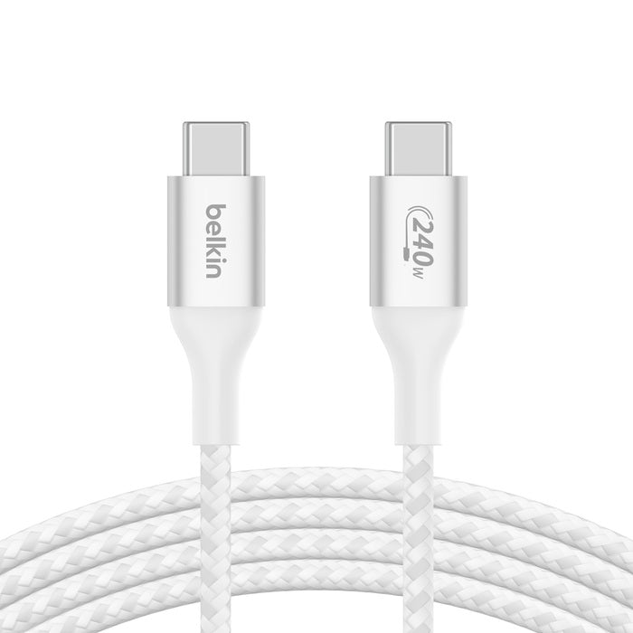 Belkin BoostCharge USB-C to USB-C Cable (1M) - White (CAB015bt1MWH), 240W, 30K+ bend, Double Braided, Samsung Galaxy, iPad, MacBook, 2 Years Warranty
