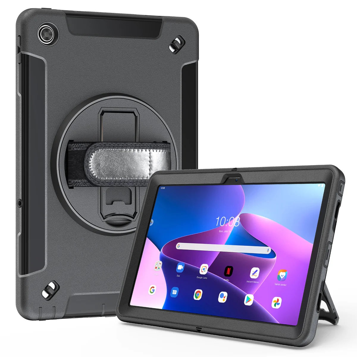 Generic Rugged Lenovo Tab M10 Plus (10.6') (3rd Gen) Case + Screen Protector Black - Built-in-Kickstand, Adjustable Hand Strap