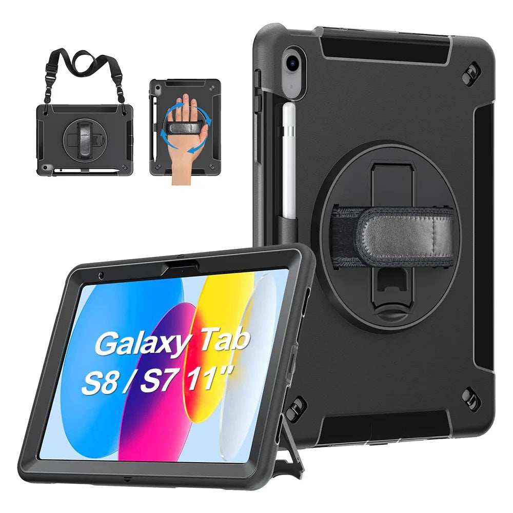 Generic Rugged Samsung Galaxy Tab S8 / Tab S7 (11') Case Black - Built-in-Kickstand,Adjustable Hand Strap, Pen Holder, DropProof