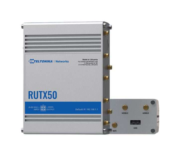 Teltonika Industrial 5G Router, 5G dual SIM cellular, 5 Gigabit Ethernet ports, dual-band WI-Fi, comes with the RutOS operating system, PSU included