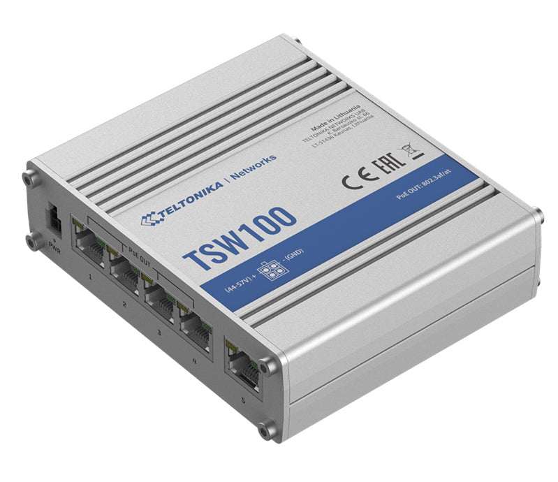 Teltonika Industrial POE+ Ethernet Switch, 4 x PoE+ ports, Power Up to 120W, 5 x Gigabit Ethernet with speeds up to 1000 Mbps, PSU included