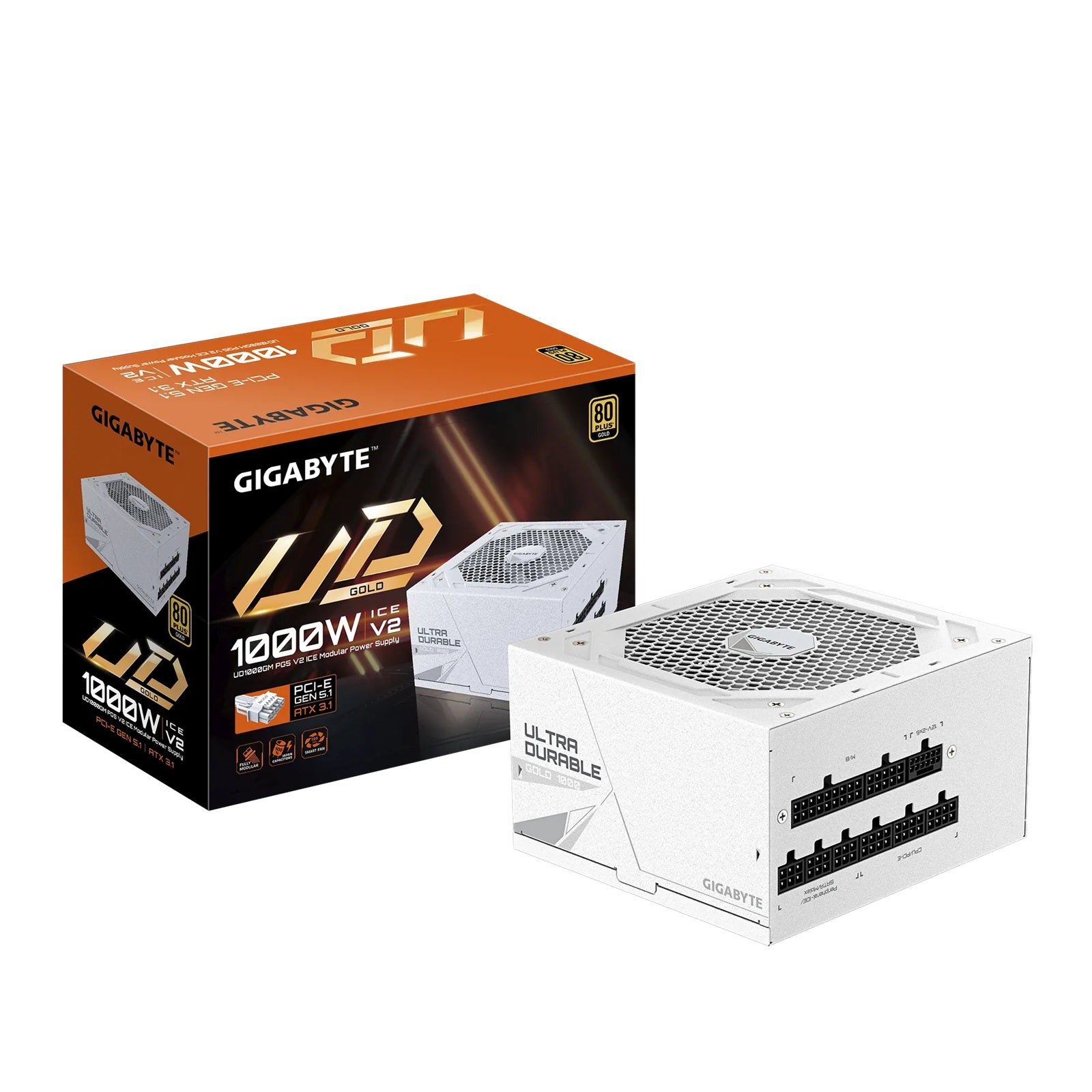 Gigabyte UD1000GM PG5 ICE 1000W ATX PSU Power Supply 80+ Gold >90% 120mm Fan Black Flat Cables Single +12V 100K Hrs