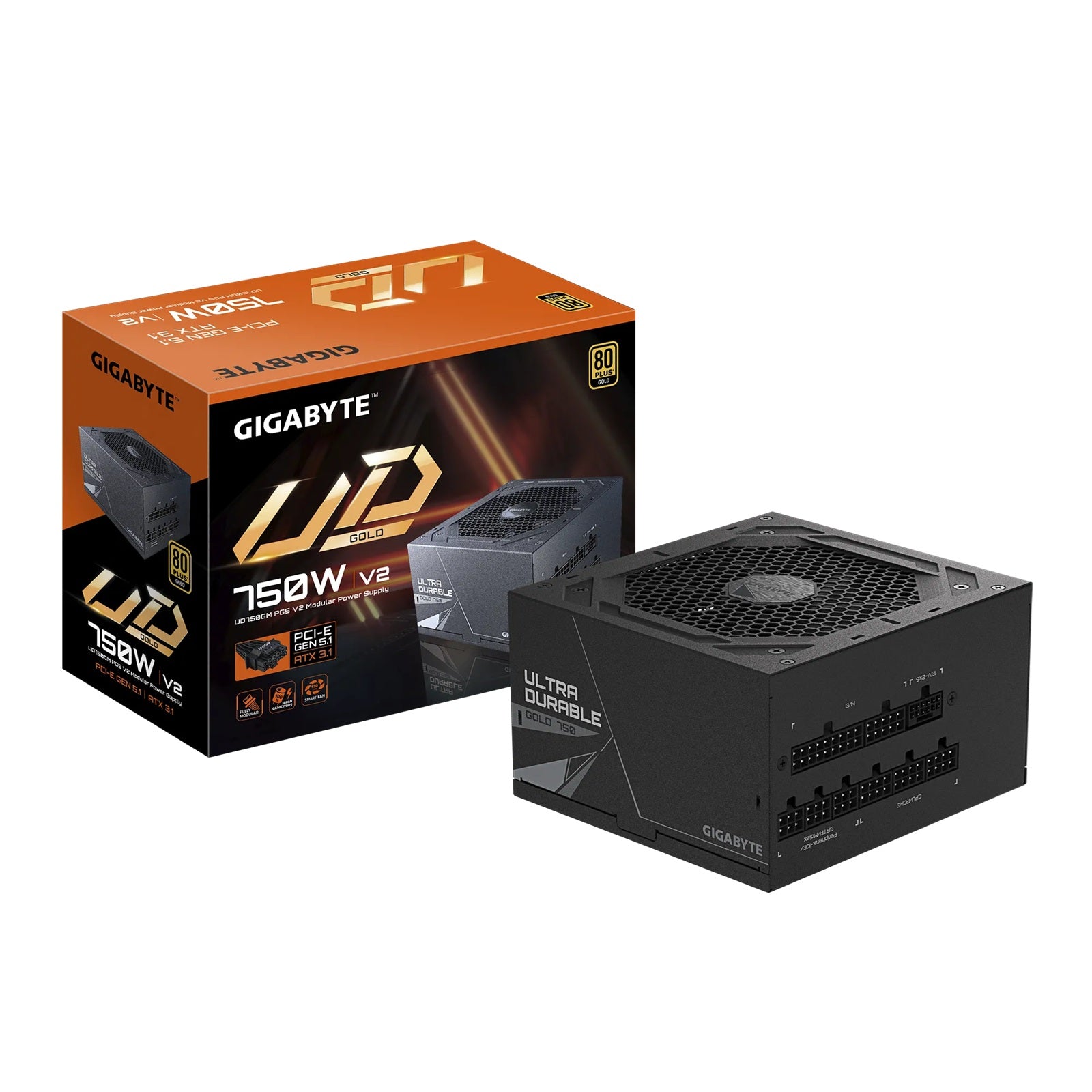 Gigabyte UD750GM PG5 V2, 750W ATX PSU Power Supply 80+ Gold >90% Black Embossed Cables 100-240 Vac 100K Hrs (NEW)