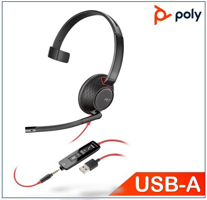 Plantronics/Poly Blackwire 5210 Headset USB-A, 3.5mm corded, Monaural, Noise canceling, Dynamic EQ, SoundGuard, 0 control, Leatherette earcups