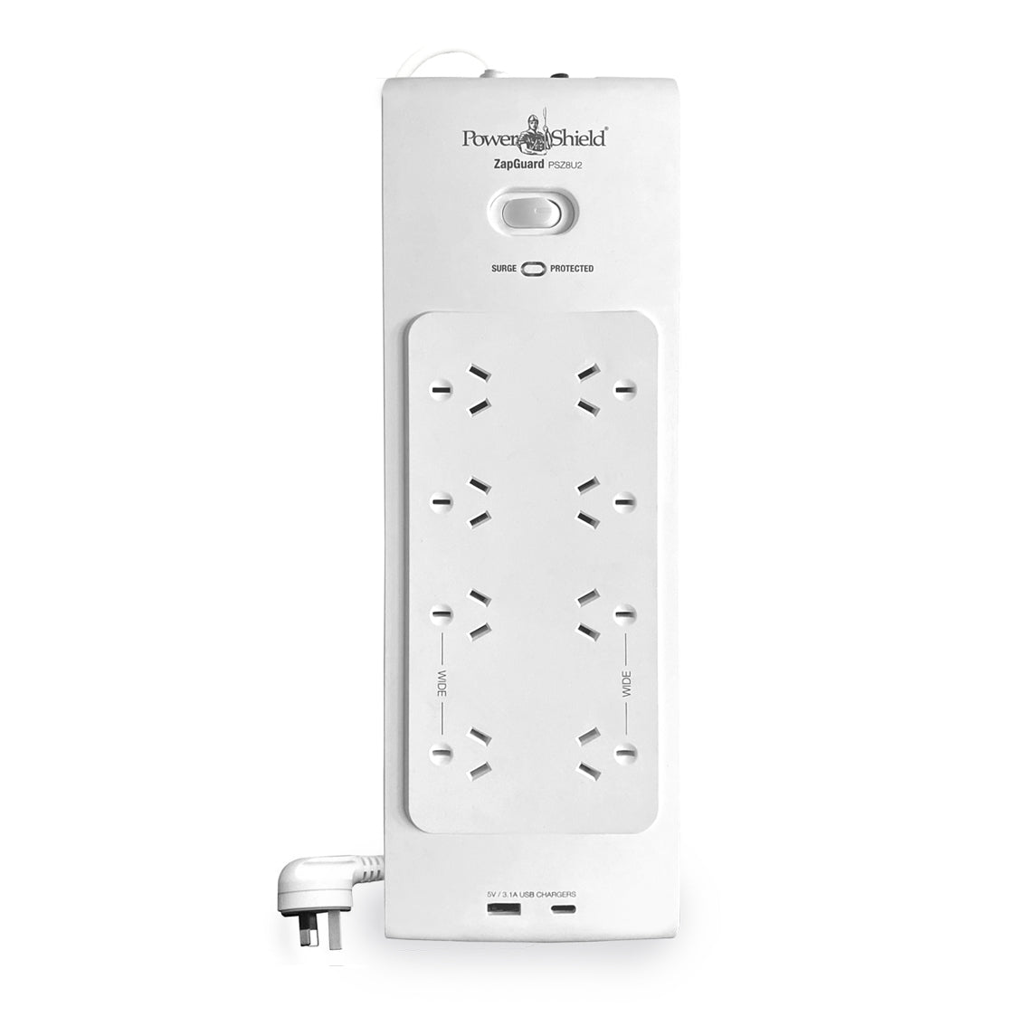 PowerShield PSZ8U2 ZapGuard 8 Way Power Surge Filter Board, USB A / C Connectors, Wide Spaced Sockets, Wall Mountable,$60,000 Connected Equipment