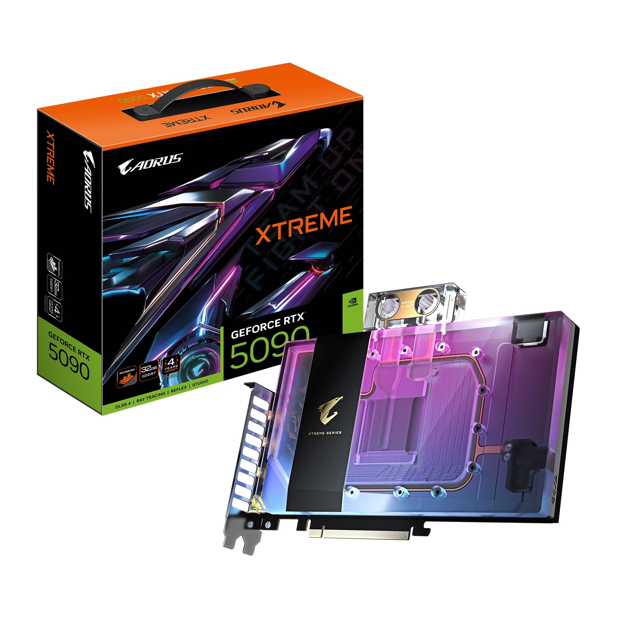 Gigabyte AORUS GeForce RTX™ 5090 XTREME WATERFORCE WB 32G, 2655 MHz, CUDA 21760, 28 Gbps, GDDR7, 512 bit, PSU 1000W, DisplayPort 2.1b *3 HDMI 2.1b *1