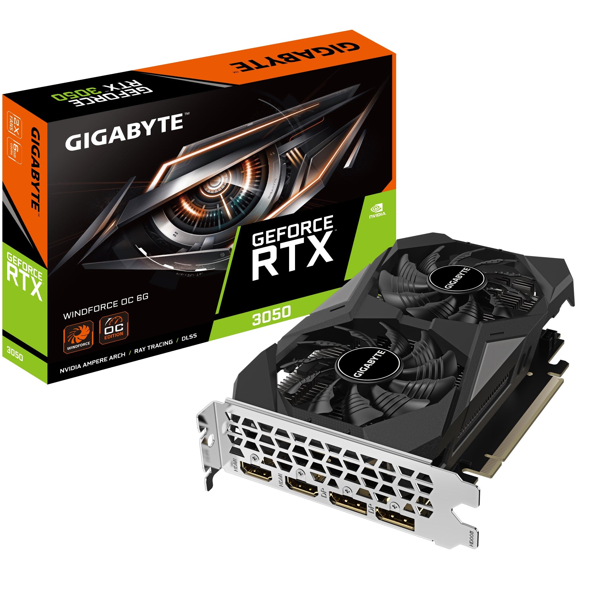 Gigabyte nVidia GeForce RTX™ 3050 WINDFORCE OC V2 6G, 1477 MHz, CUDA 2304, 14000 MHz, GDDR6, 96 bit, PCI-E 4.0, PSU 300W, DP1.4a*2 HDMI 2.1*2