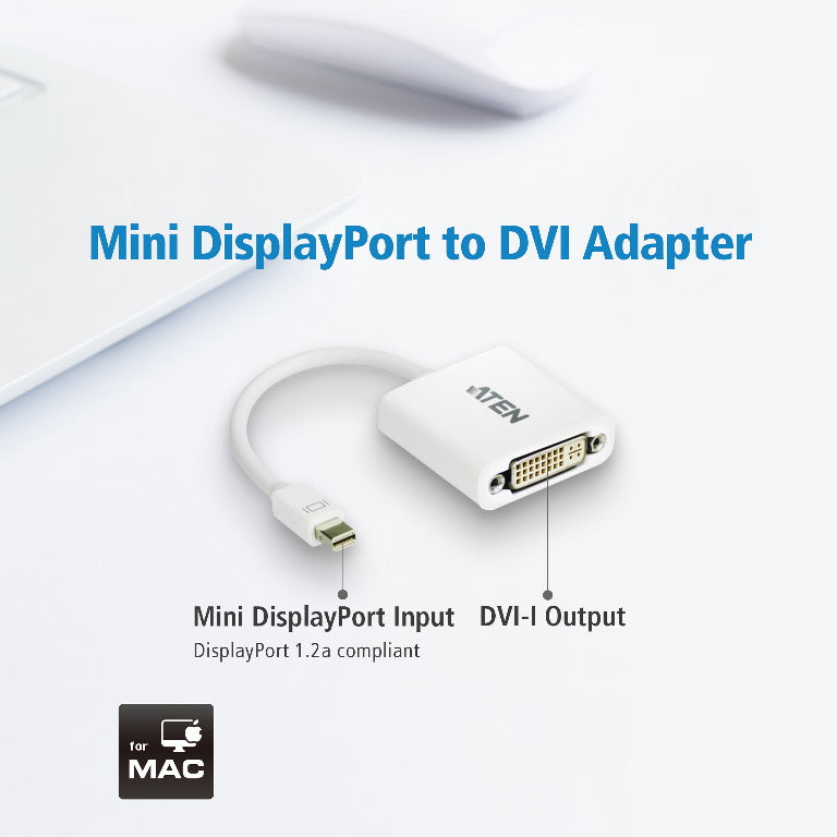 Aten Mini DisplayPort to DVI Adapter, Supports VGA, SVGA, XGA, SXGA, UXGA and resolutions up to 1920x1200(PC) / 1080p(HDTV)