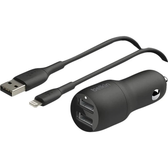 Belkin BoostCharge Dual USB-A Car Charger 24W + Lightning to USB-A Cable (1M) - Black (CCD001bt1MBK), 2x USB-A (12W), CEW $2500, 2 Years Warranty