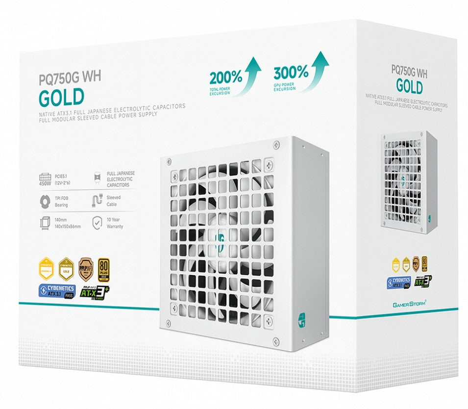 DeepCool PQ750G WH 750W Gamer Storm 80+ Gold/Cybenetics Fully Modular ATX Power Supply 120mm Fan, Japanese Capacitors, DC to DC, ATX12V V3.1