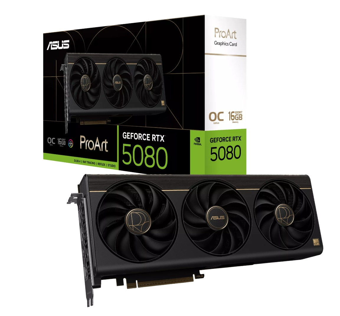 ASUS nVidia GeForce PROART-RTX5080-O16G RTX5080 16GB GDDR7 OC Edition  2700 MHz Boost Clock 30 Gbps 256-bit Digital Max Resolution 7680 x 4320